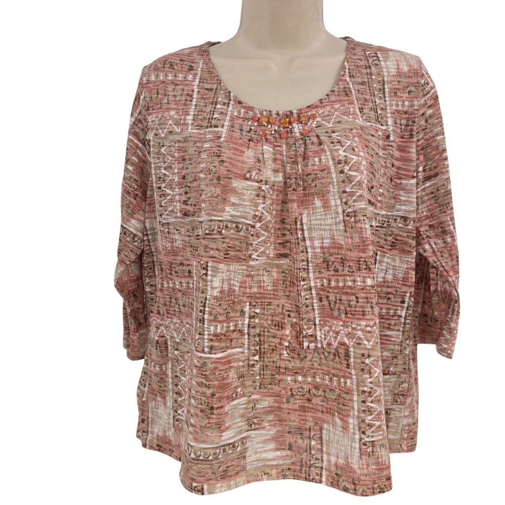 Alfred Dunner Shirt Women M Pink Geometric Beaded Scoop Neck Tunic Top‎ Sequin